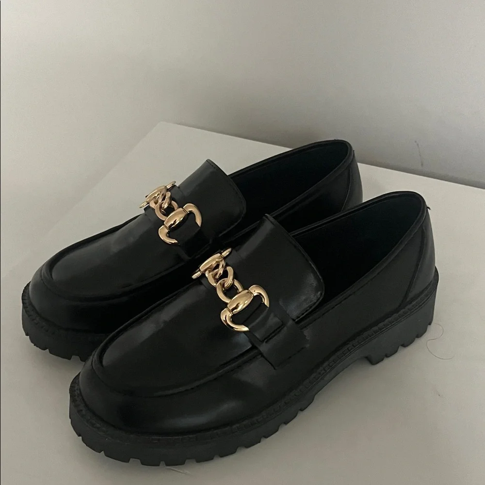 Zara Black Loafers with Gold Chain Detail